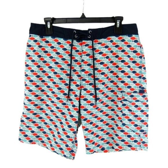 J Crew Colorful Fish Board Shorts Swim Trunks Mens Size 32 Blue Orange Lined - Picture 1 of 8